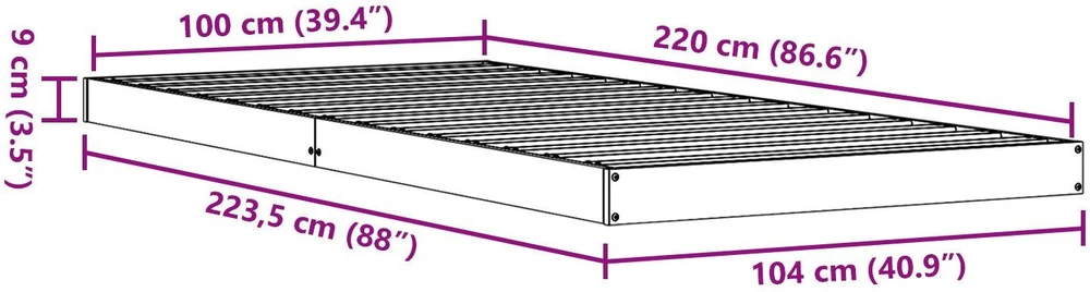 Lova Grindų lovos rėmas Balta 100 x 220 cm Kietos pušies mediena