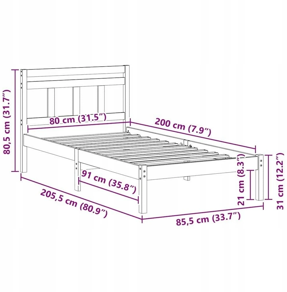 Lova Lovos rėmas Balta 80 x 200 cm Kietos pušies mediena