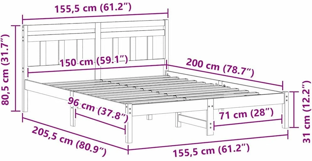 Lovos rėmas Ruda 150 x 200 cm Kietos pušies mediena
