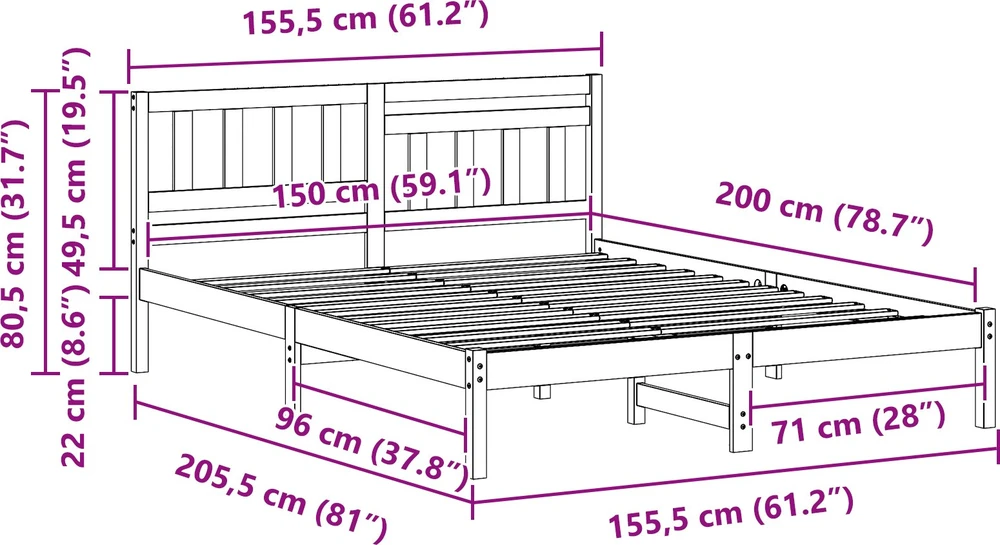 Lovos rėmas Ruda 150 x 200 cm Kietos pušies mediena