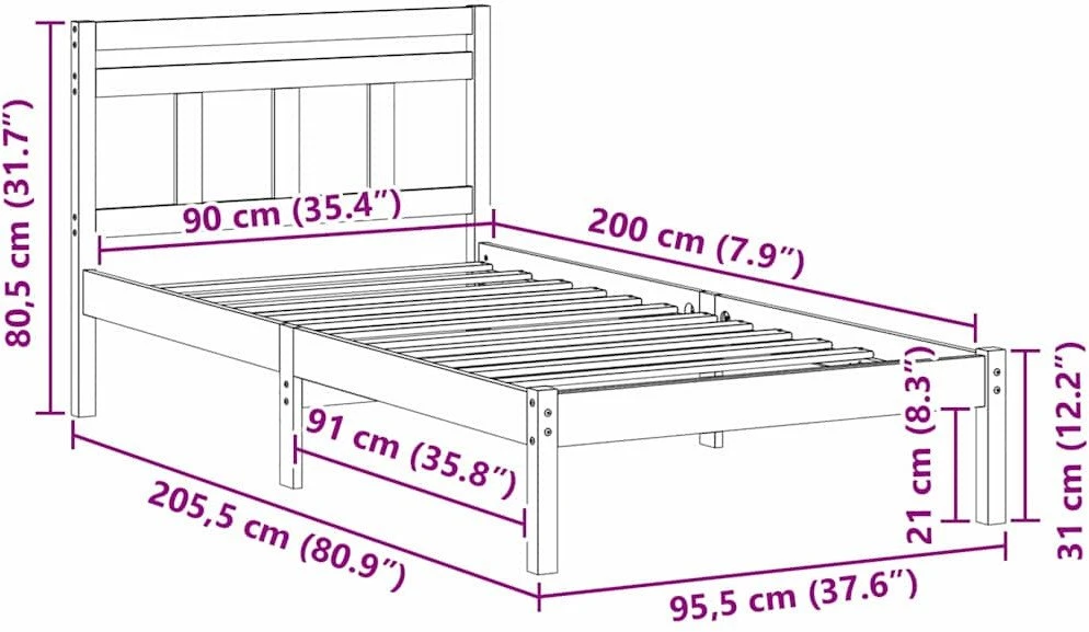 Lova Lovos rėmas Ruda 90 x 200 cm Kietos pušies mediena