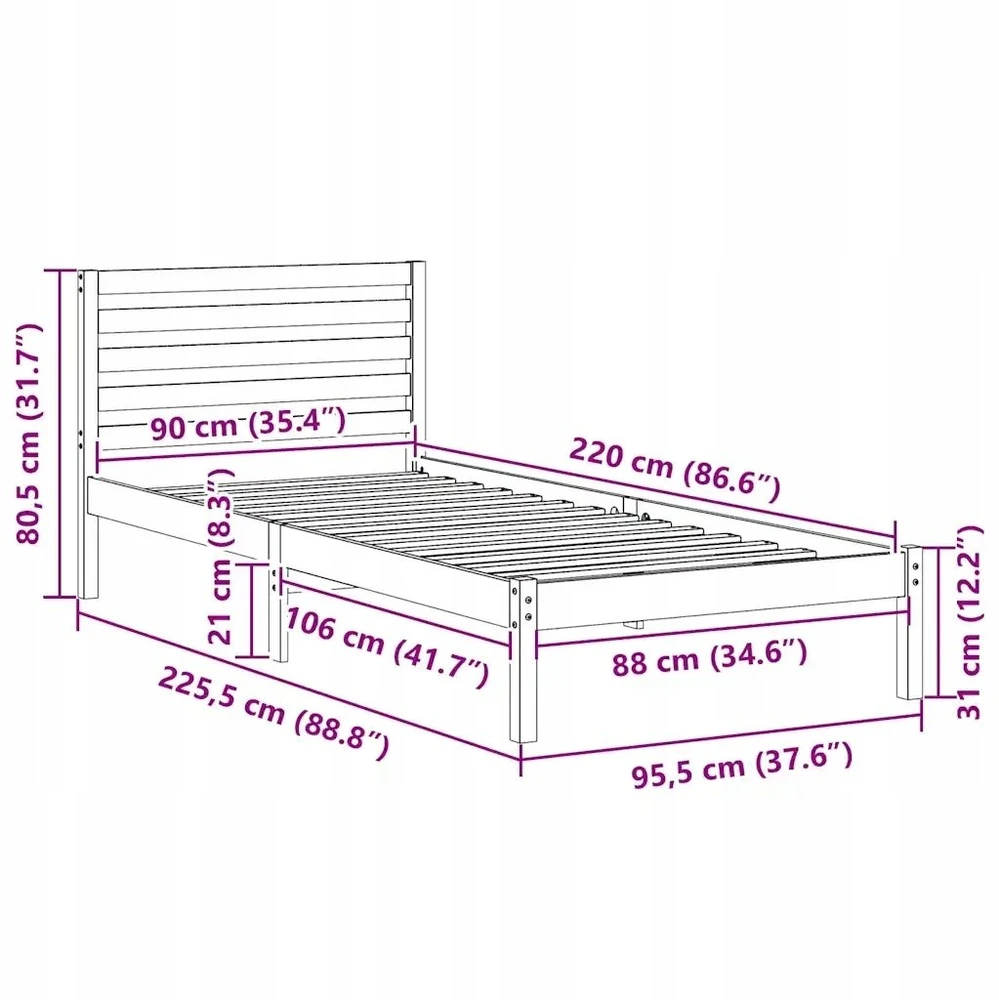 Lova Lovos rėmas Ruda 90 x 220 cm Kietos pušies mediena