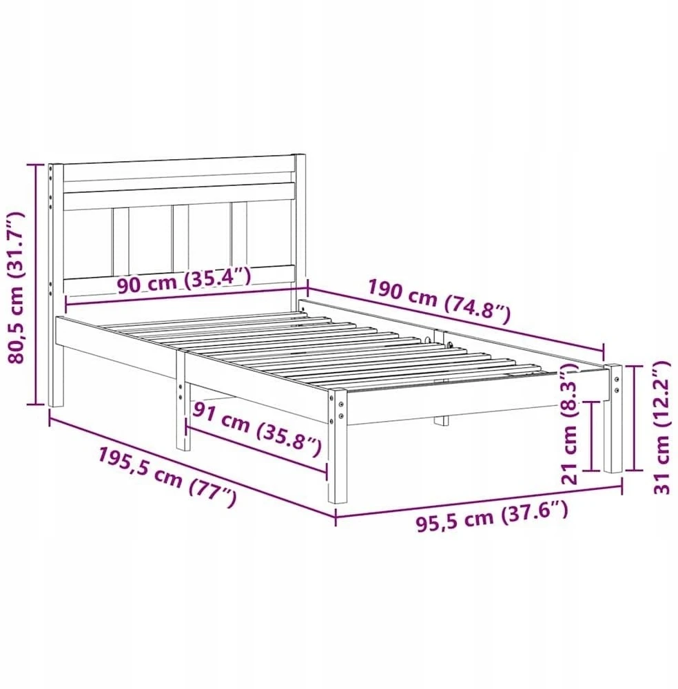Lova Lovos rėmas Ruda 90 x 190 cm Kietos pušies mediena