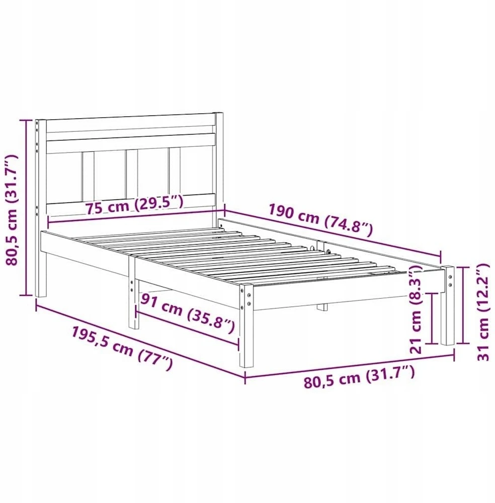 Lova Lovos rėmas Ruda 75 x 190 cm Kietos pušies mediena