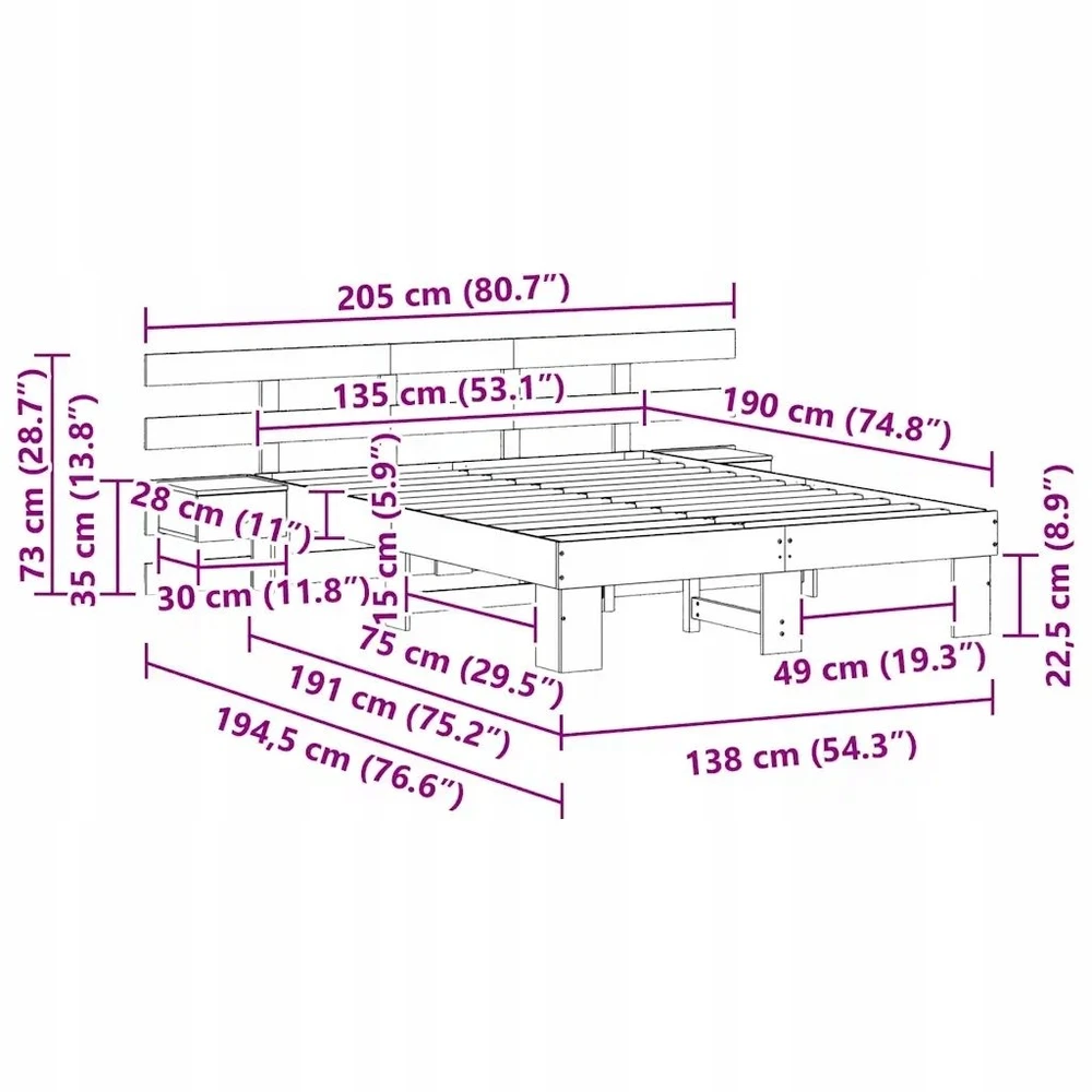 Lova Lovos rėmas Ruda 135 x 190 cm Kietos pušies mediena