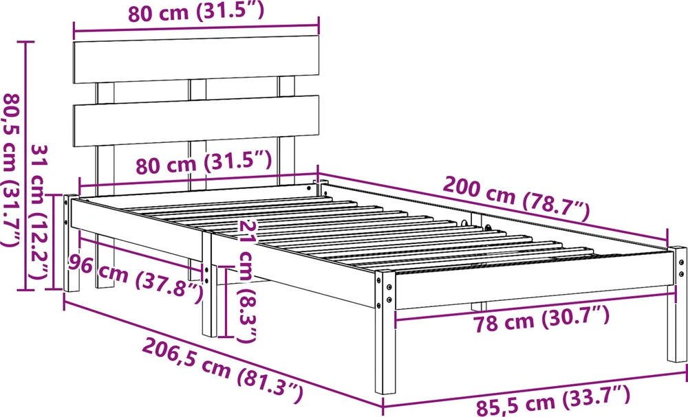 Lovos rėmas Ruda 80 x 200 cm Pušies medienos masyvas