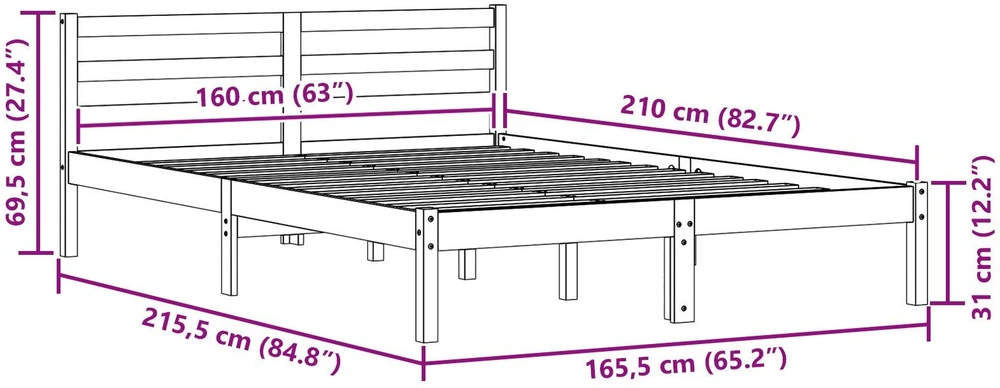 Lova Lovos rėmas Balta 215,5 x 165,5 x 69,5 cm Kietas pušies medis