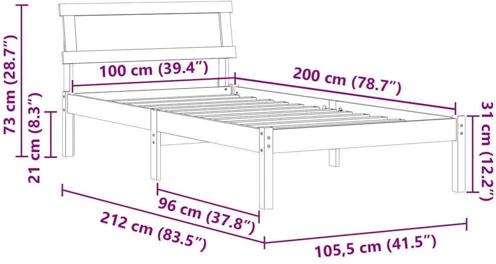 Lovos rėmas Balta 100 x 200 cm Kietos pušies mediena