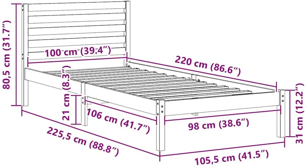 Lova Lovos rėmas Vaško ruda 100 x 220 cm Kietos pušies mediena