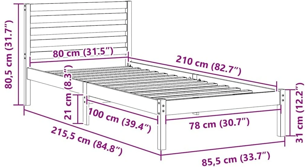 Lova Lovos rėmas Vaško ruda 80 x 210 cm Kietos pušies mediena