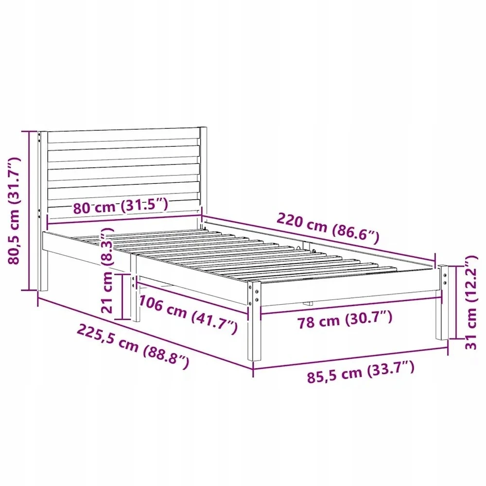 Lova Lovos rėmas Vaško ruda 80 x 220 cm Kietos pušies mediena