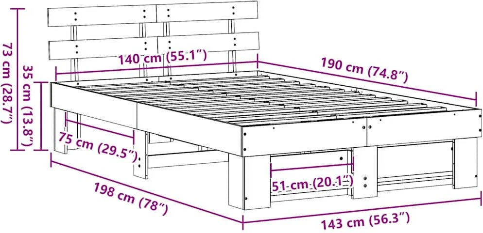 Lovos rėmas Balta 140 x 190 cm Kietos pušies mediena