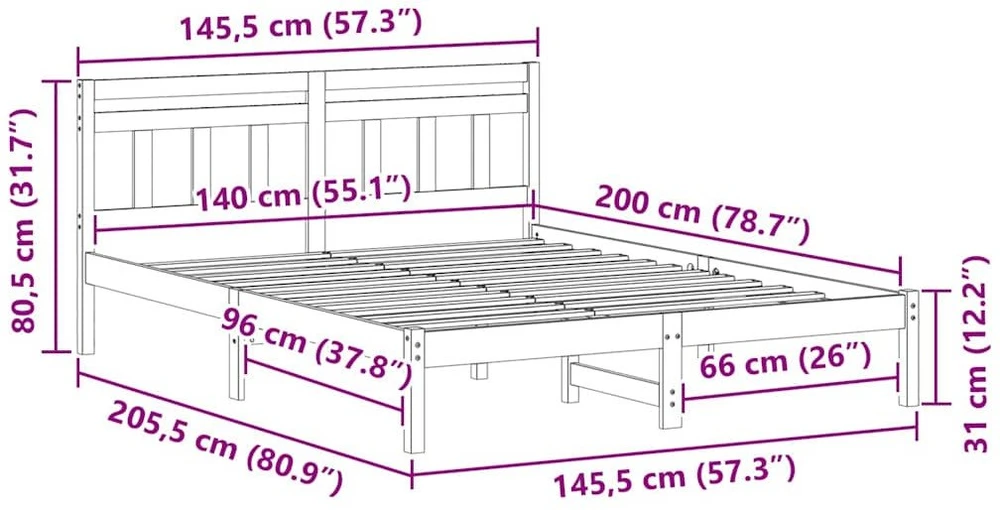 Lovos rėmas Balta 140 x 200 cm Kietos pušies mediena