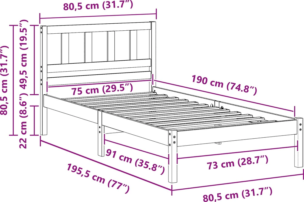 Lova Lovos rėmas Balta 75 x 190 cm Kietos pušies mediena
