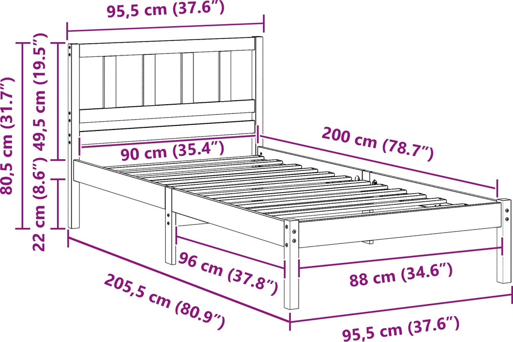 Lova Lovos rėmas Balta 90 x 200 cm Kietos pušies mediena