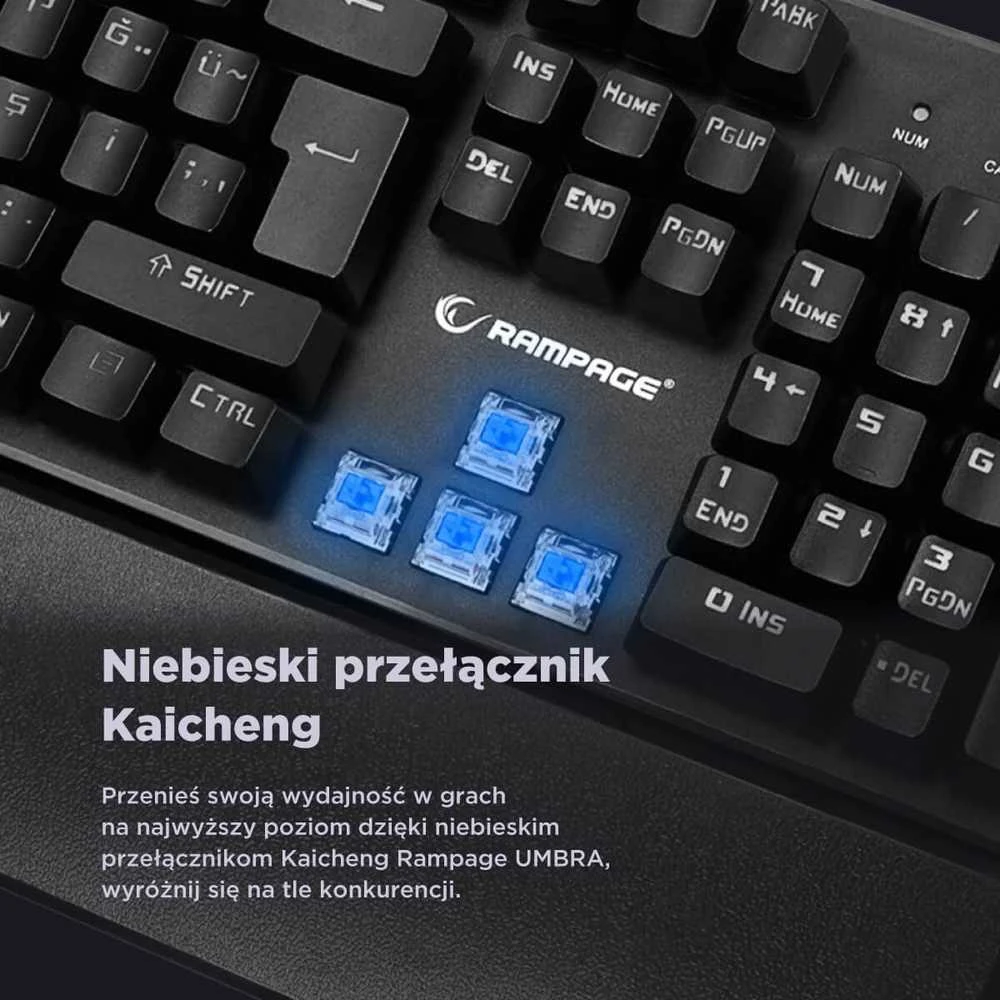 Klaviatūra žaidimams Rampage Umbra KB-R86 Kaicheng Mėlyna su laidu mechaninė su pašvietimu juoda