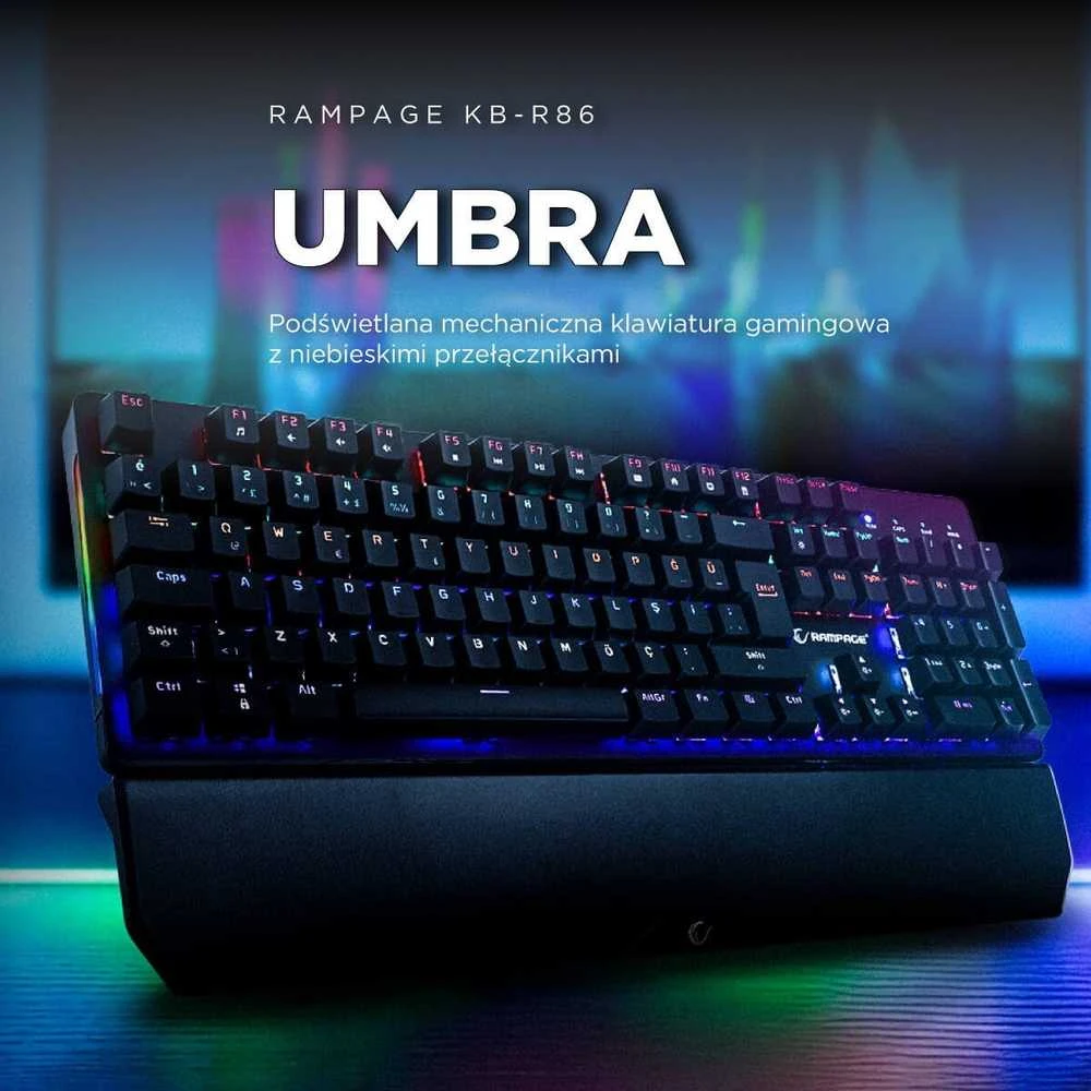 Klaviatūra žaidimams Rampage Umbra KB-R86 Kaicheng Mėlyna su laidu mechaninė su pašvietimu juoda