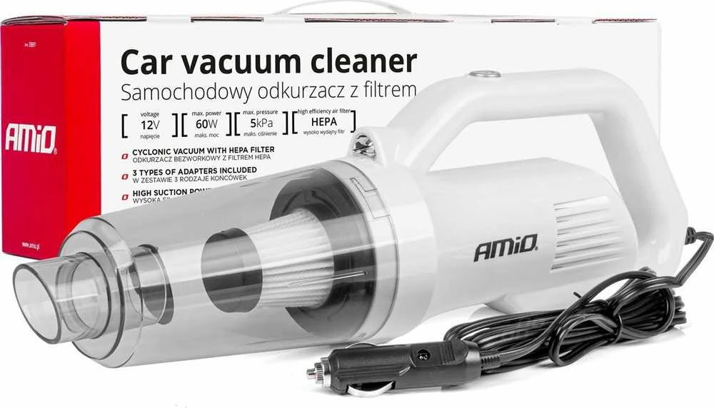 Automobilinis dulkių siurblys 12 V, 60 W, su HEPA filtru, 5kPa AMIO-03691