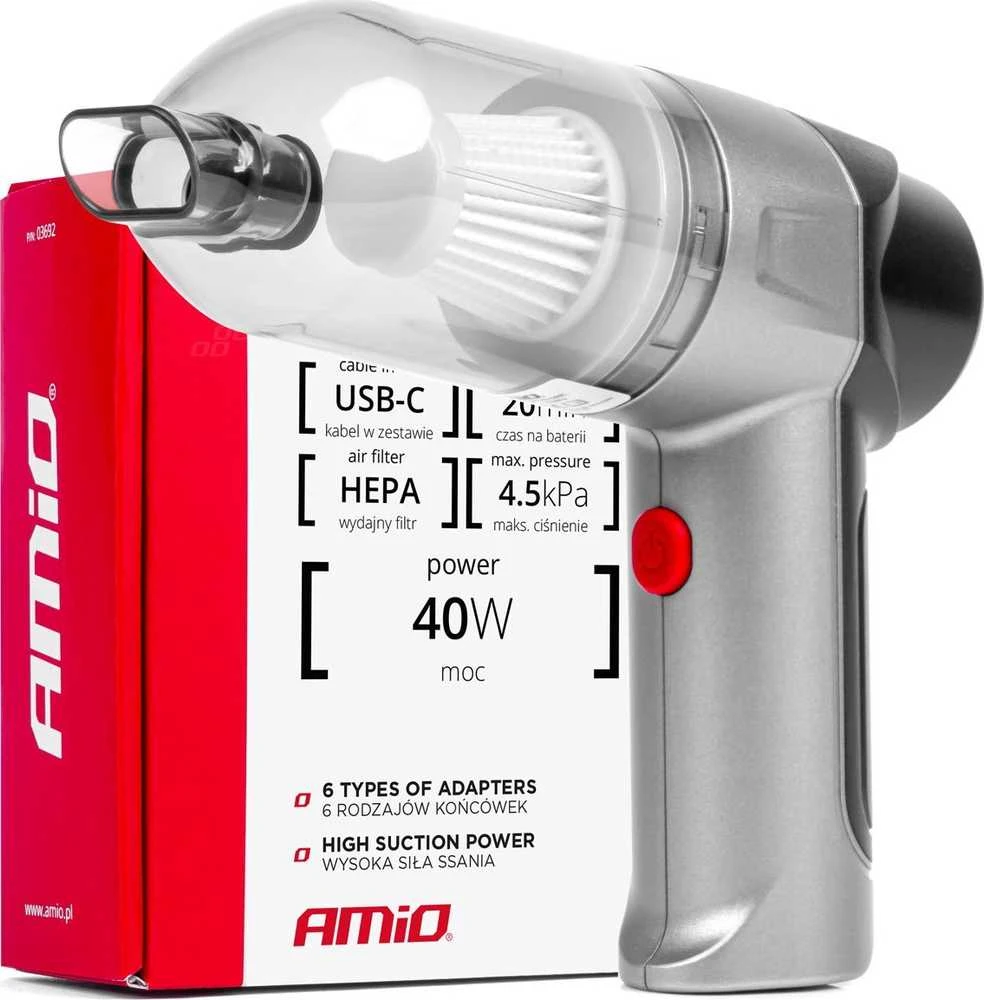 Belaidis automobilinis dulkių siurblys 40 W, 4000 mAh, su HEPA filtru, 4,5 kPa AMiO-03692