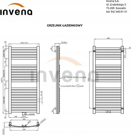 Invena Rankšluostis dryer INVENA, 1200 x 540 mm, steel, baltas