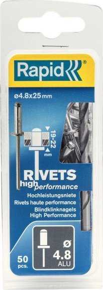 Kniedės aukštos kokybės Al 4,8x25mm 50vnt + Drill C, Rapid