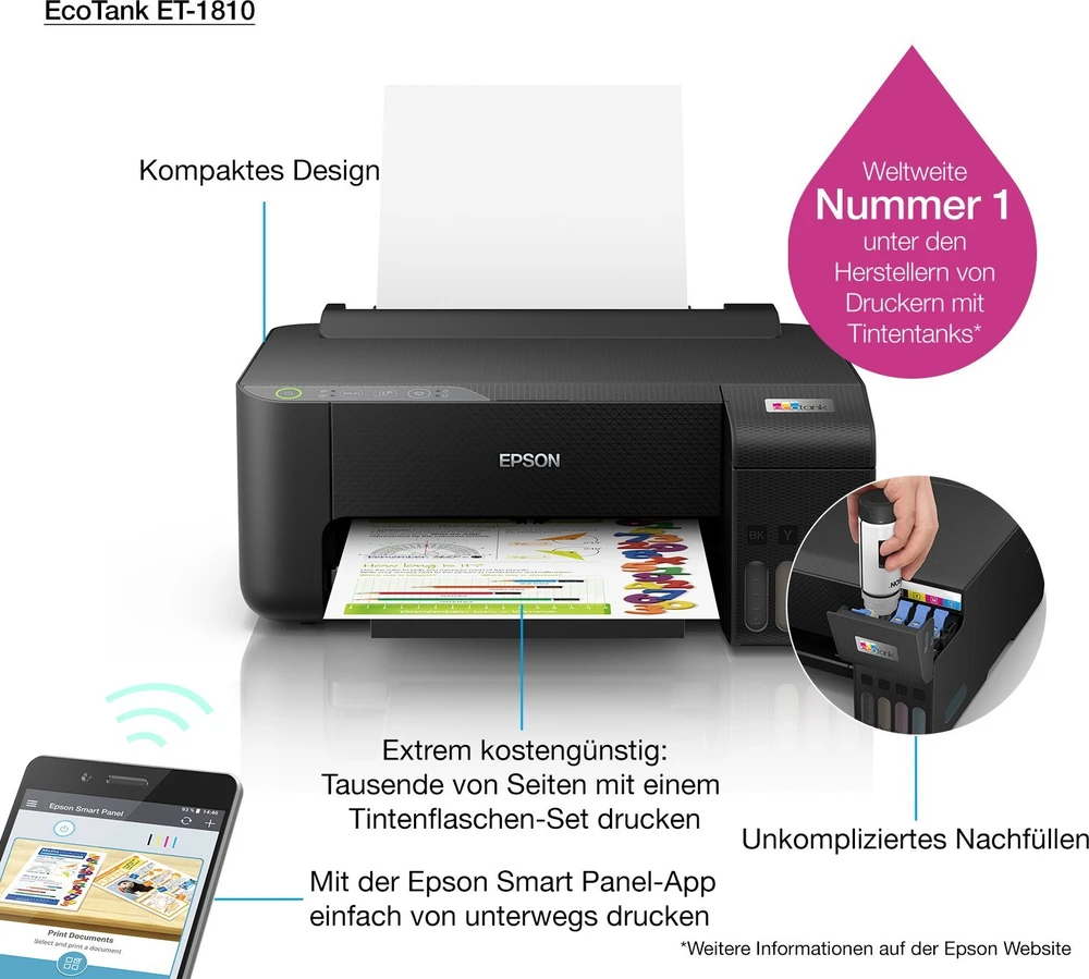 Spausdintuvas - Epson EcoTank ET-1810 Belaidis Rašalinis su 100 lapų Dėklu