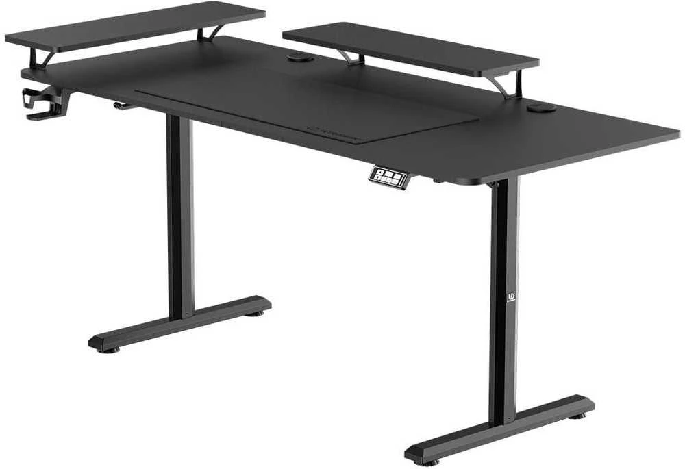ULTRADESK HIGHLANDER XXL Juodas Biurko su elektryczną regulacją aukščio su laikikliu ausinės i kable 160X70 cm, juoda