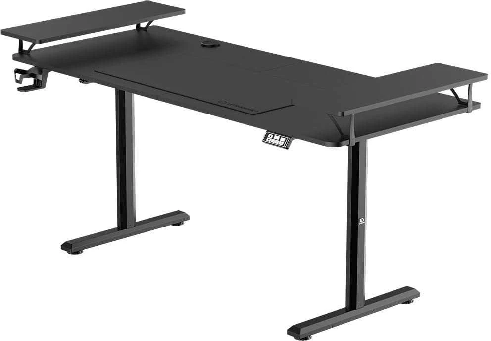 ULTRADESK HIGHLANDER XXL Juodas Biurko su elektryczną regulacją aukščio su laikikliu ausinės i kable 160X70 cm, juoda