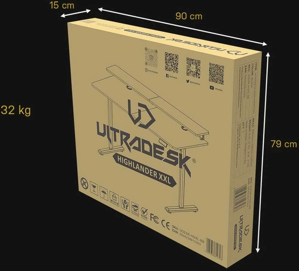 ULTRADESK HIGHLANDER XXL Juodas Biurko su elektryczną regulacją aukščio su laikikliu ausinės i kable 160X70 cm, juoda