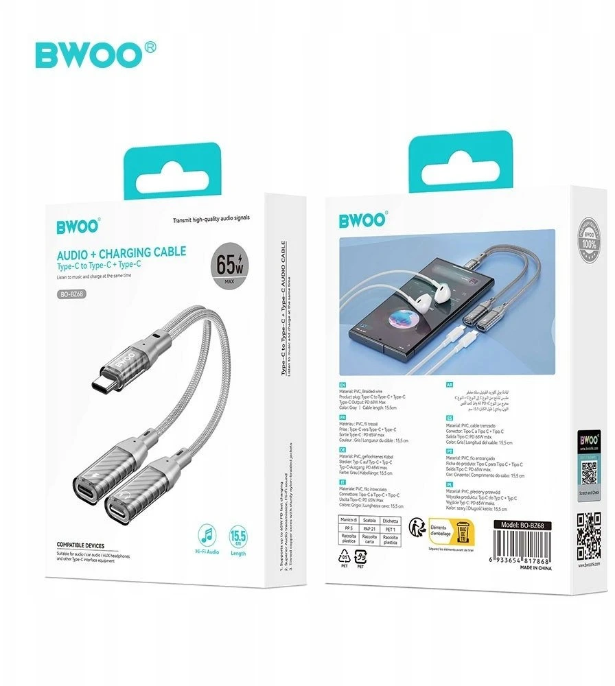 BWOO BZ68 adapterio pakuotės su technine informacija