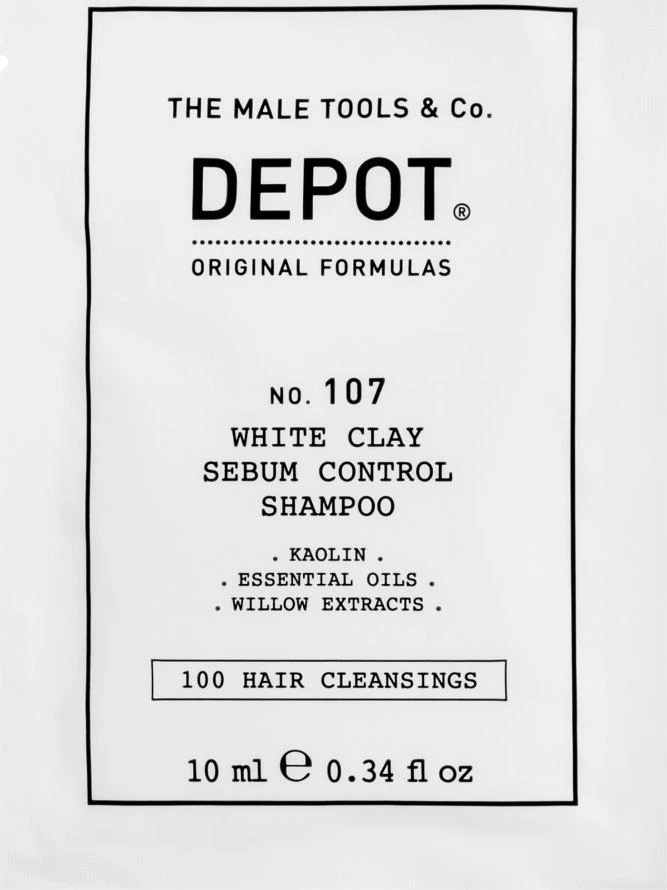 Depot, 100 plaukų valymo priemonių Nr. 107, kaolinas, plaukų šampūnas, skirtas pertekliniam riebalų išsiskyrimui reguliuoti, 10 ml