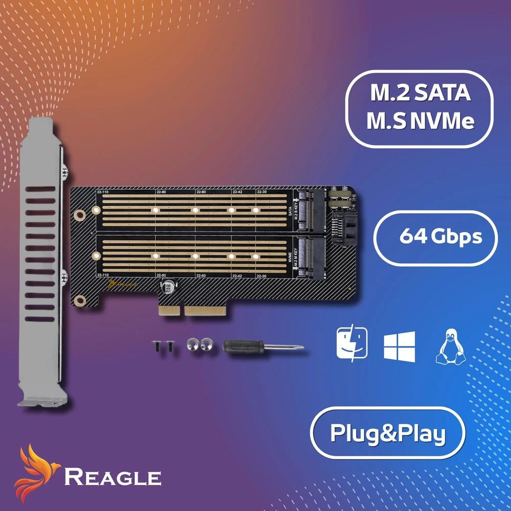 Reagle SSD diskų adapteris M.2 PCIe 4.0 X4 64 Gbps 2 viename NVMe SATA perėjimo plokštė
