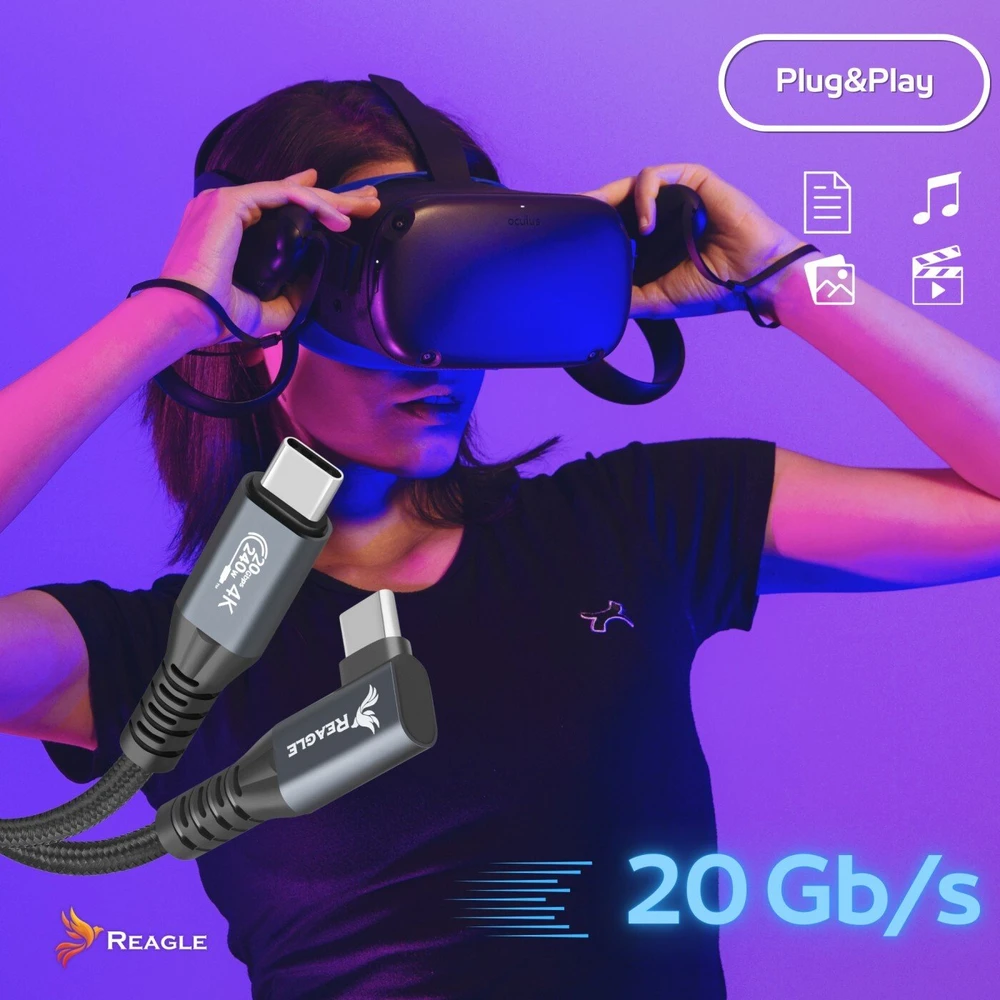 Reagle USB C 5 m kabelis, skirtas OCULUS STEAM VR QUEST 3 3S META VR tethering, 20 Gbps, 240 W