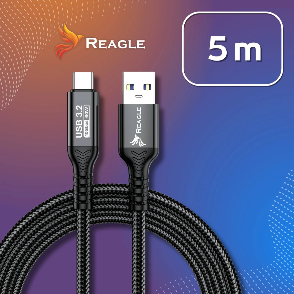 Reagle USB C - USB-A 5 m laidas, skirtas OCULUS STEAM VR QUEST 3 3S META tethering, USB-A PD 60 W 10 Gbps REAGLE