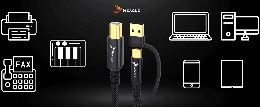 Reagle USB kabelis spausdintuvui 3 m skaitytuvui 2 viename USB-A USB-B HP BROTHER EPSON + USB-C