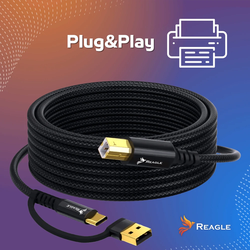 Reagle USB kabelis spausdintuvui 3 m skaitytuvui 2 viename USB-A USB-B HP BROTHER EPSON + USB-C