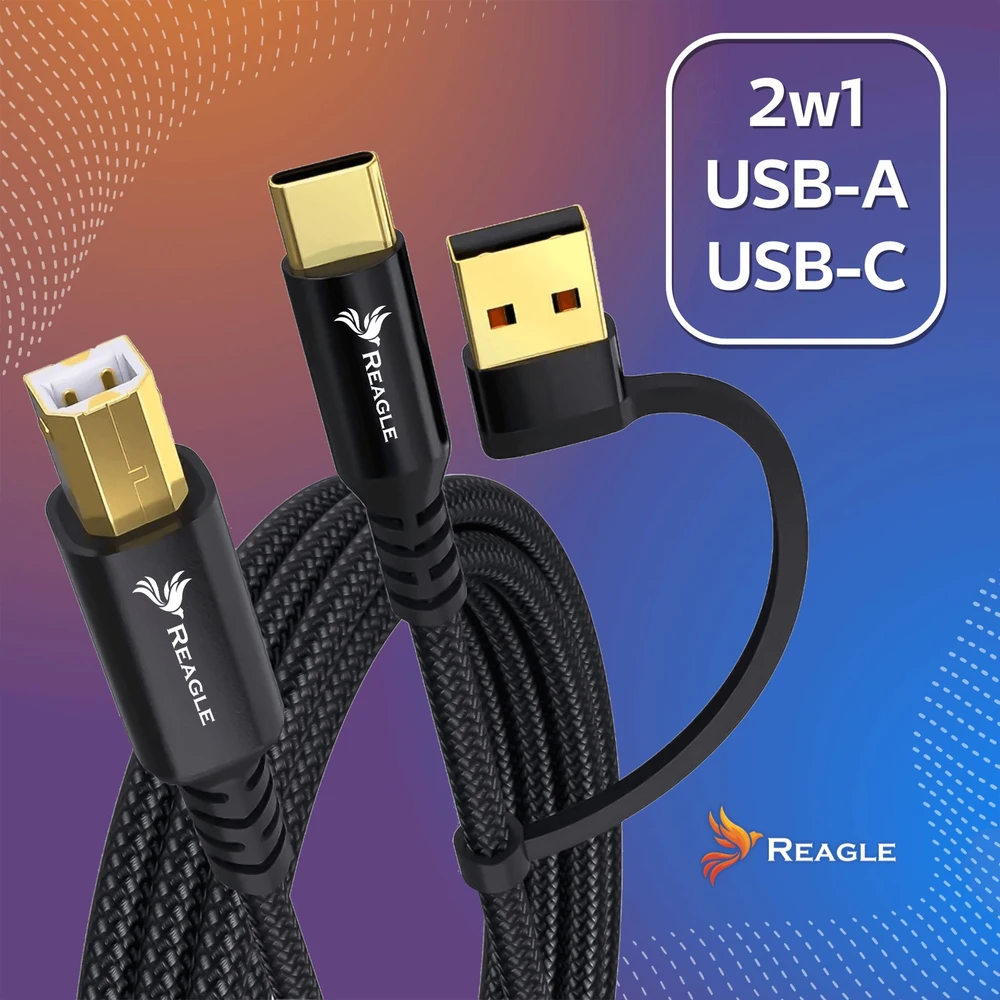 Reagle USB kabelis spausdintuvui 3 m skaitytuvui 2 viename USB-A USB-B HP BROTHER EPSON + USB-C