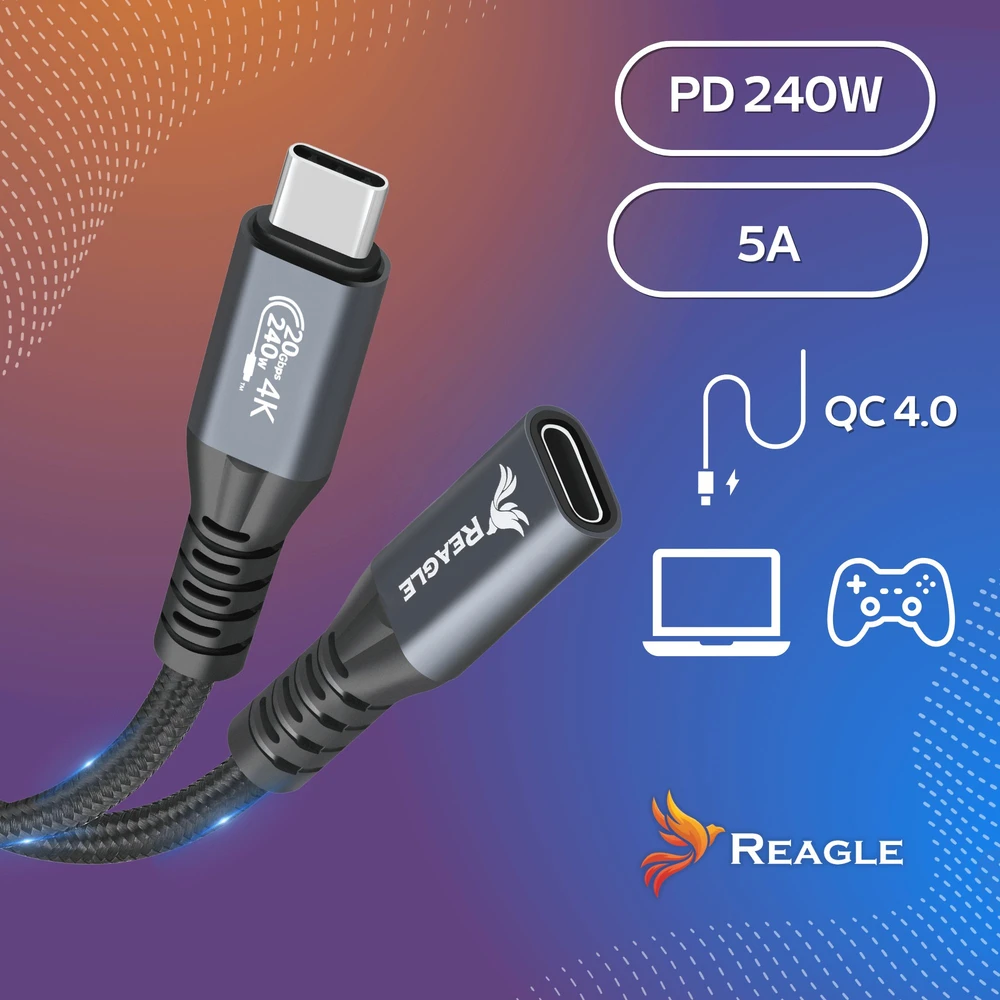 Reagle USB C prailgintuvas 5 m 3.2 kabelis 240 W 20 Gbps 4K 144 Hz USB adapteris THUNDERBOLT