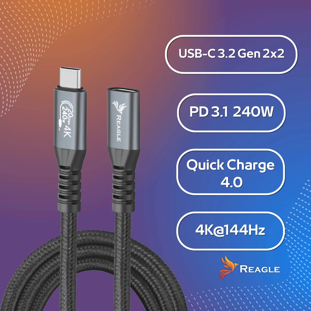 Reagle USB C prailgintuvas 5 m 3.2 kabelis 240 W 20 Gbps 4K 144 Hz USB adapteris THUNDERBOLT
