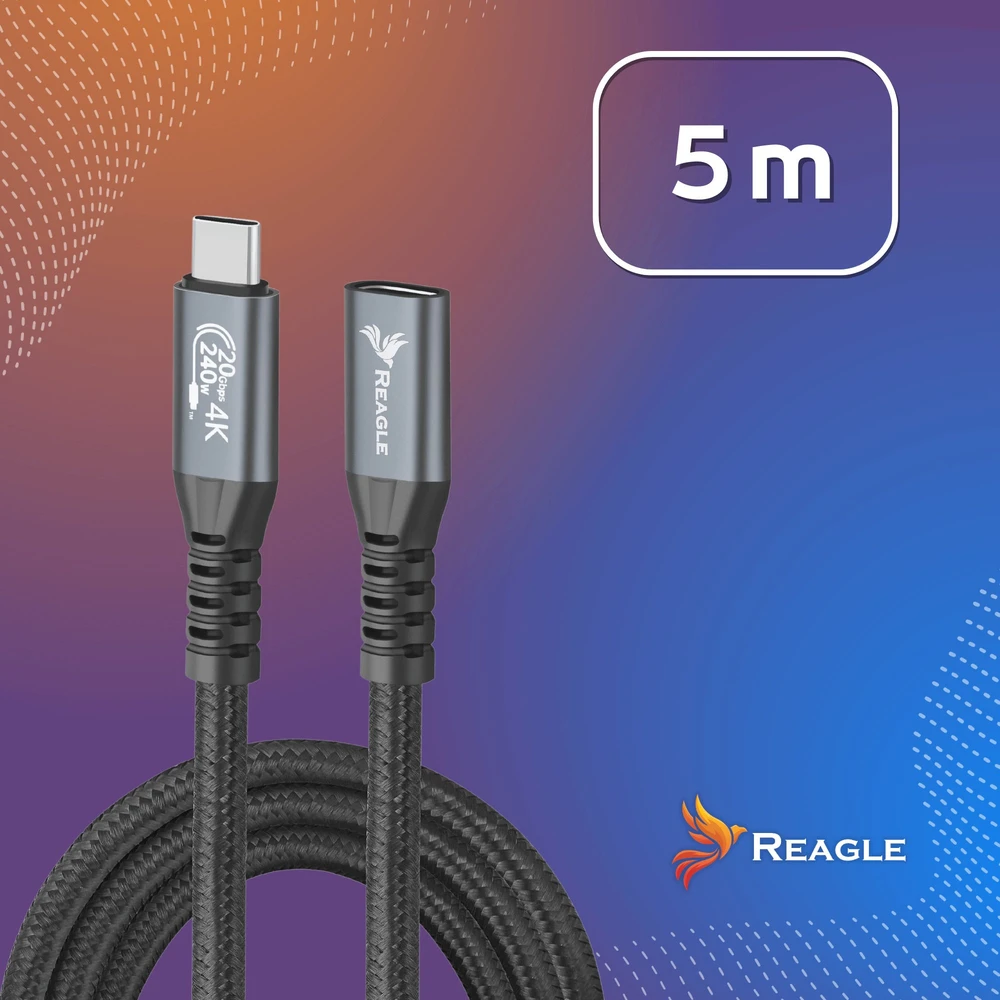 Reagle USB C prailgintuvas 5 m 3.2 kabelis 240 W 20 Gbps 4K 144 Hz USB adapteris THUNDERBOLT