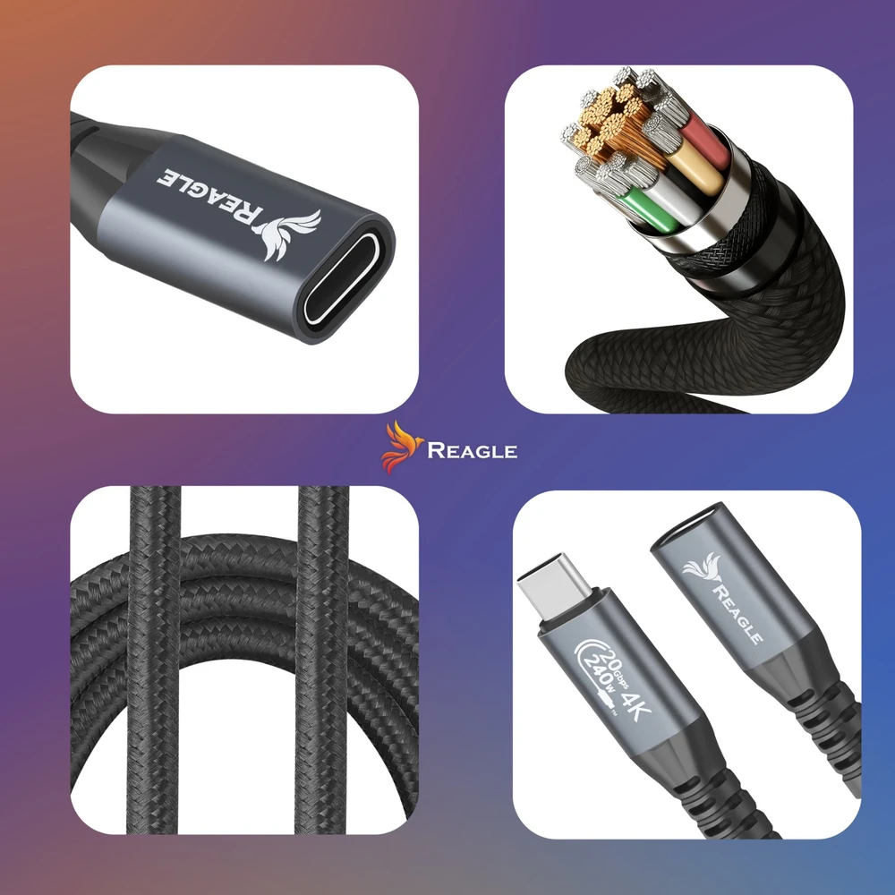 Reagle USB C prailgintuvas 5 m 3.2 kabelis 240 W 20 Gbps 4K 144 Hz USB adapteris THUNDERBOLT