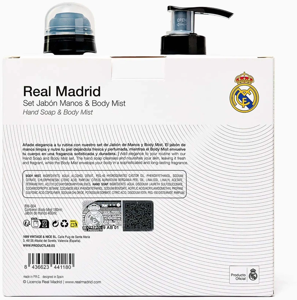 Real Madrid rinkinys: skystas muilas rankoms, 400 ml + kvapusis purškiklis, vyrams, 180 ml vyrams