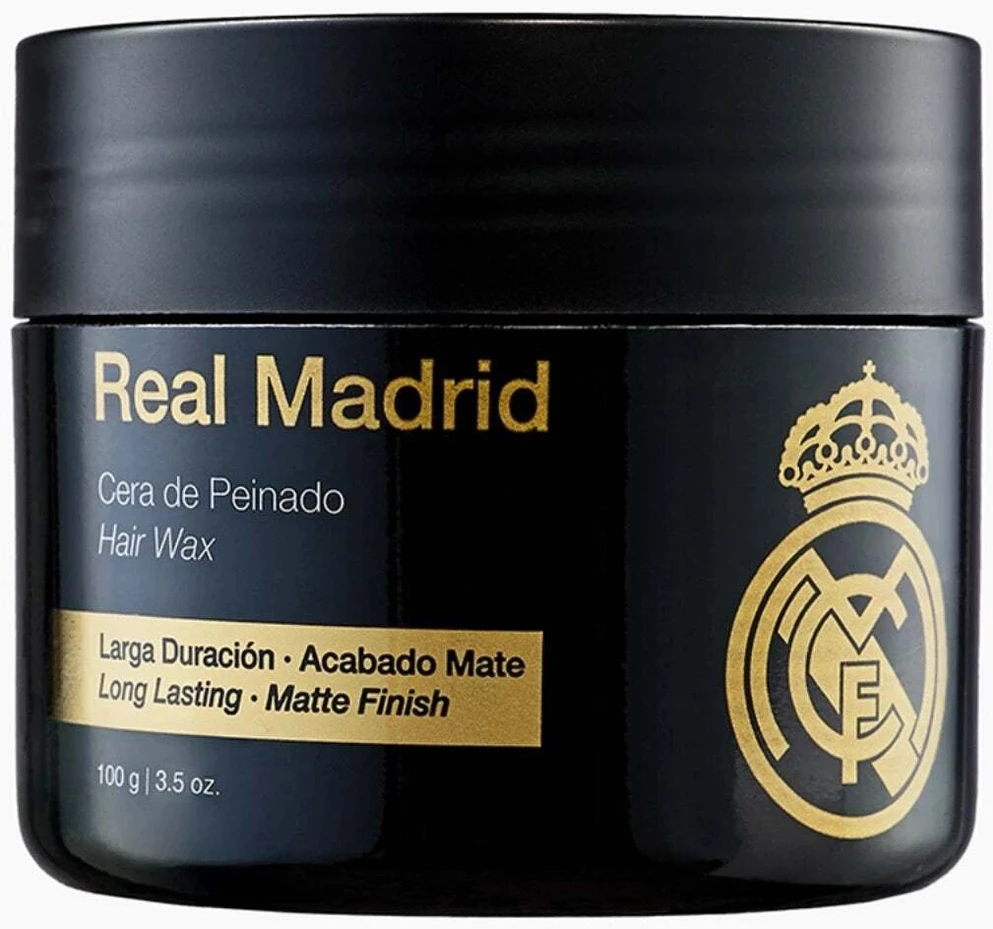 Real Madrid rinkinys: muilo gabalėlis + kūno kempinė + plaukų formavimo vaškas, 100 g + vonios bomba + metalinis laikiklis, unisex