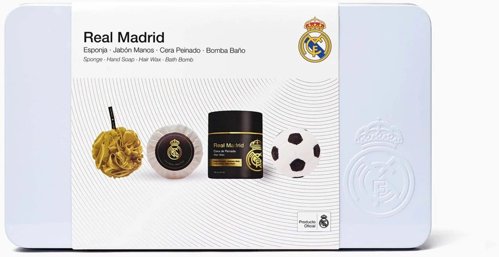 Real Madrid rinkinys: muilo gabalėlis + kūno kempinė + plaukų formavimo vaškas, 100 g + vonios bomba + metalinis laikiklis, unisex