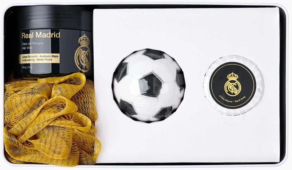 Real Madrid rinkinys: muilo gabalėlis + kūno kempinė + plaukų formavimo vaškas, 100 g + vonios bomba + metalinis laikiklis, unisex