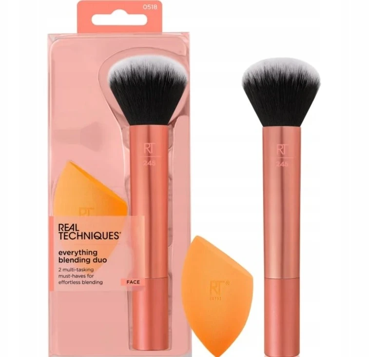 Rinkinys „Real Techniques“: makiažo pagrindas „Real Techniques Blending Foundation Rt 245“ + stebuklinga makiažo kempinėlė „Oranžinis“