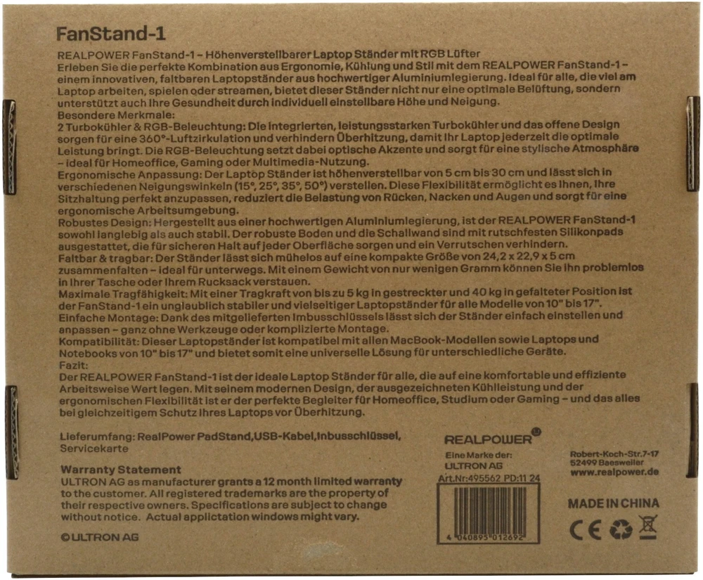 Carruzzo RealPower 495562 nešiojamojo kompiuterio stovas Nerūdijančiojo plieno 43,2 cm (17″)