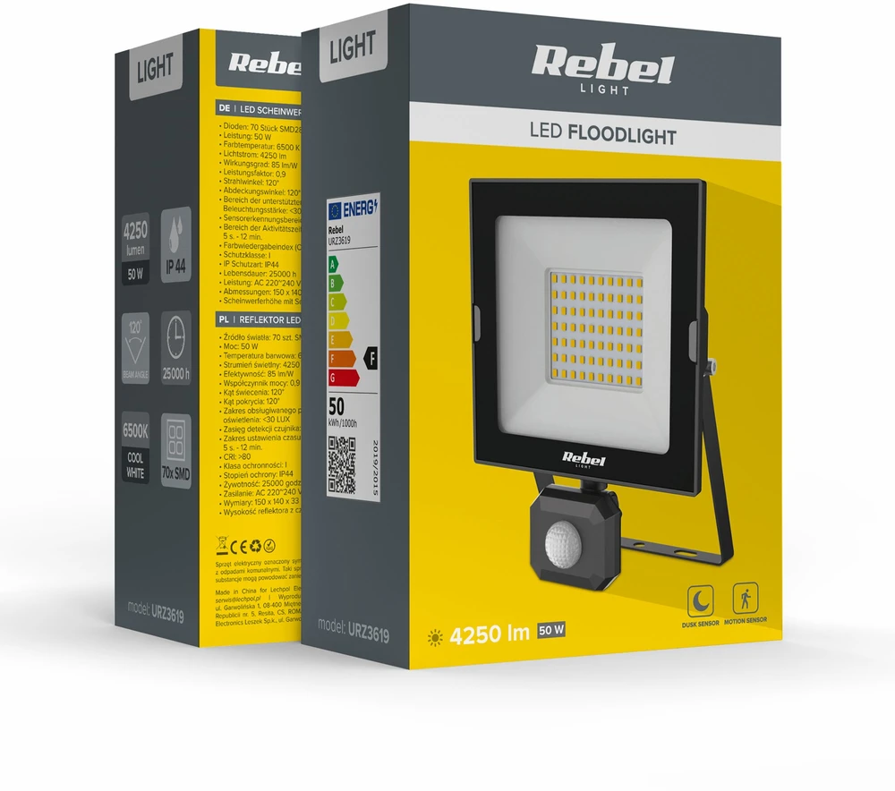 Reflektor „Rebel“ 50 W LED prožektorius su judesio ir prieblandos jutikliu, 6500 K