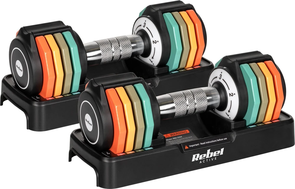 Hantle Automatiškai reguliuojami ketaus hanteliai, 2 x 5kg rinkinys, 1kg žingsniai, REBEL ACTIVE