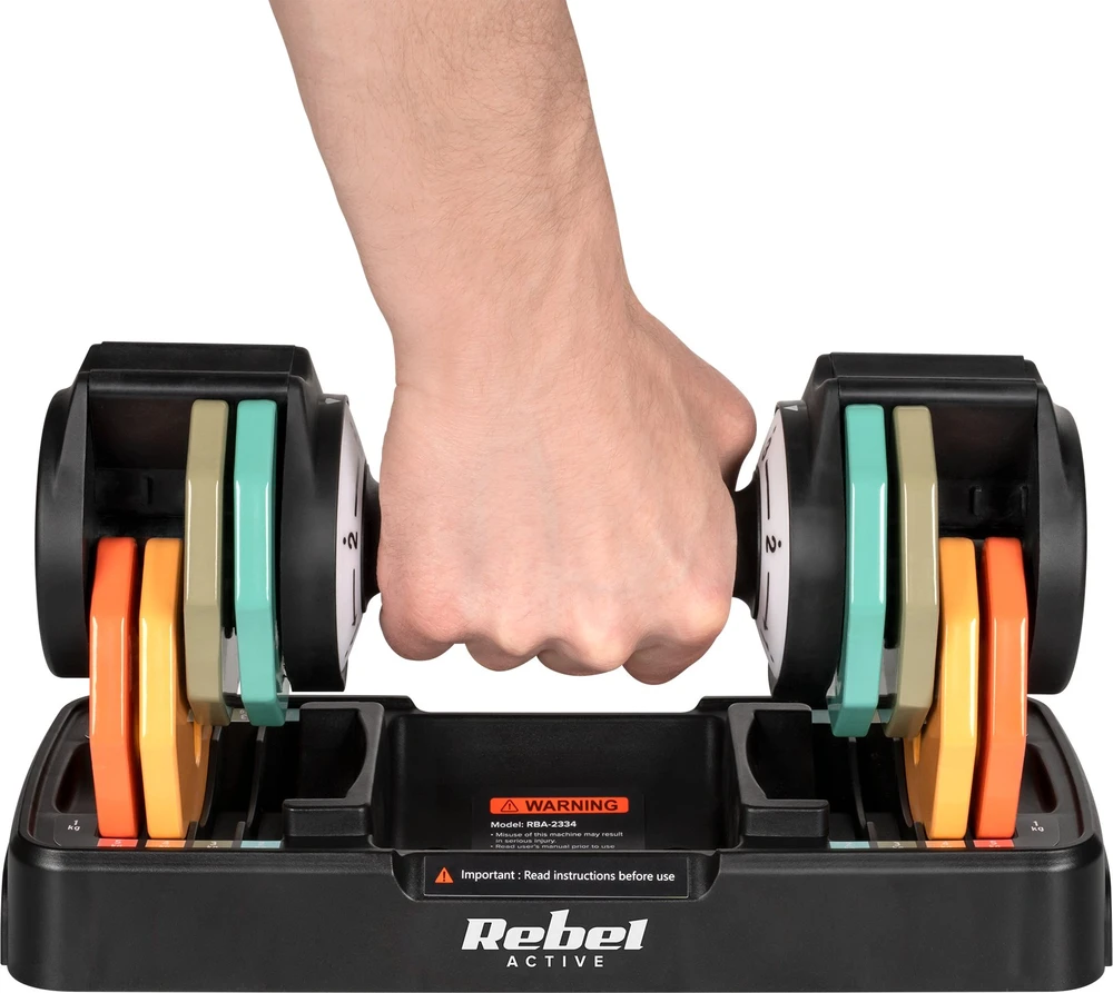 Hantle Automatiškai reguliuojami ketaus hanteliai, 2 x 5kg rinkinys, 1kg žingsniai, REBEL ACTIVE